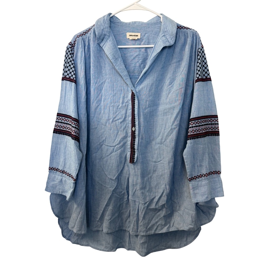 Zadig & Voltaire Talia Blue Cotton Chambray Embroidered Tunic Top XS Cottagecore